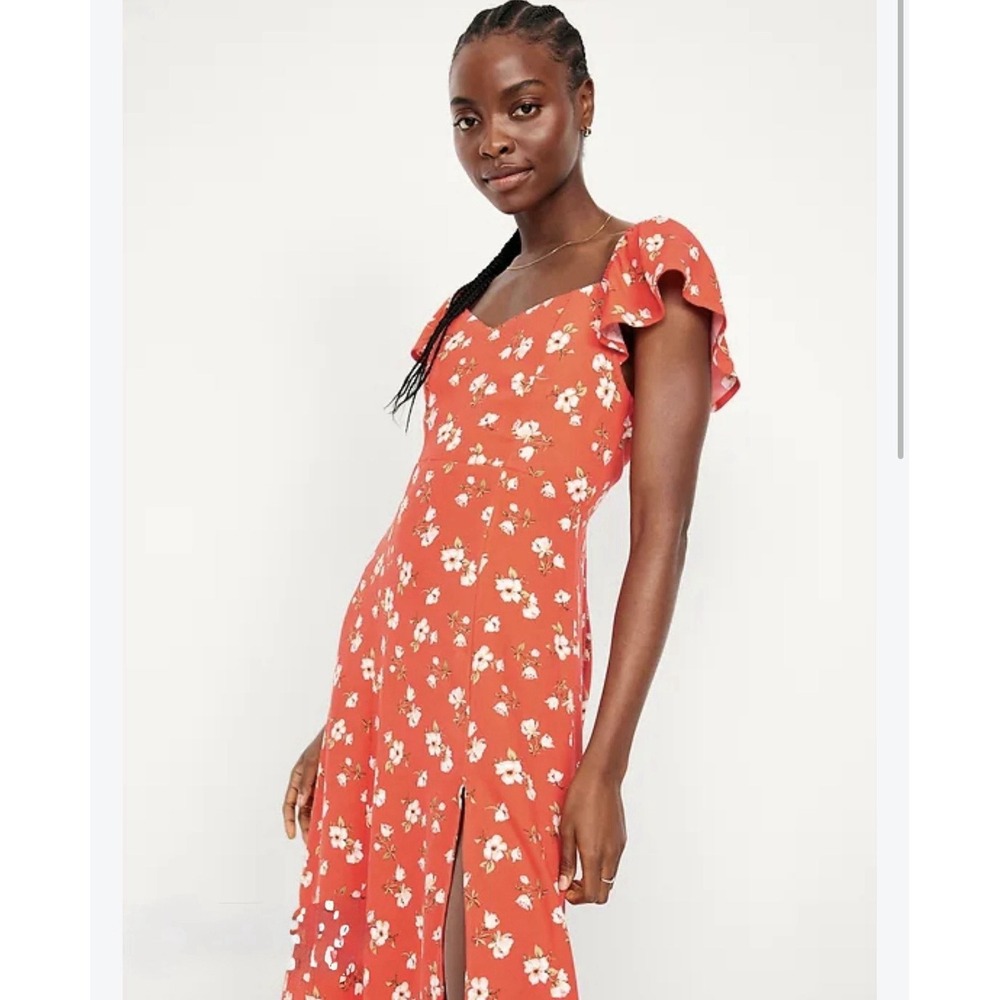 Old Navy Flutter Sleeve Crepe Midi Dress Red Floral Women's Large NWT